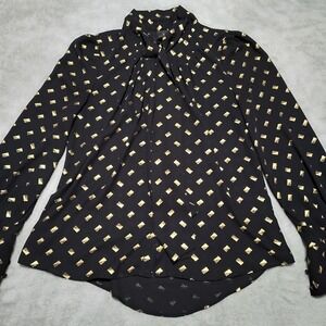 Worthington Blouse Ladies M Black/Gold Neck Tie Semi Sheer Long Sleeve Evening